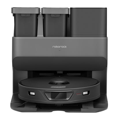 Ein Roborock S7 Max Ultra Black Staubsauger sitzt in seiner Dockingstation mit zwei Aufbewahrungsbehältern auf der Oberseite, von vorne gesehen.