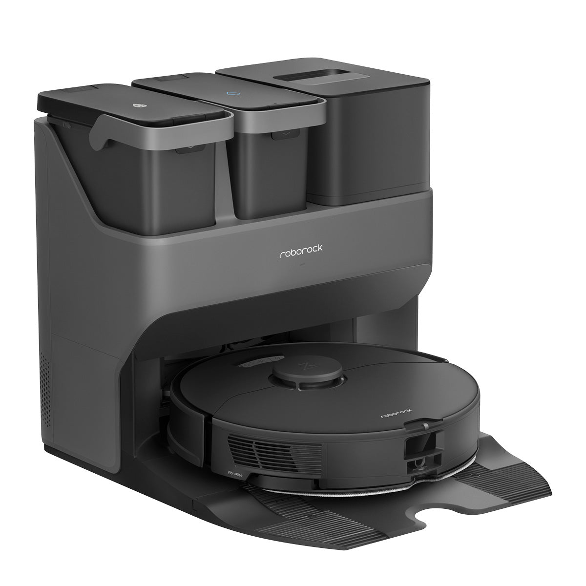 Ein Roborock S7 Max Ultra Black Staubsauger ruht in seiner Lade- und Reinigungsstation, auf der zwei beschriftete Abfallbehälter stehen.