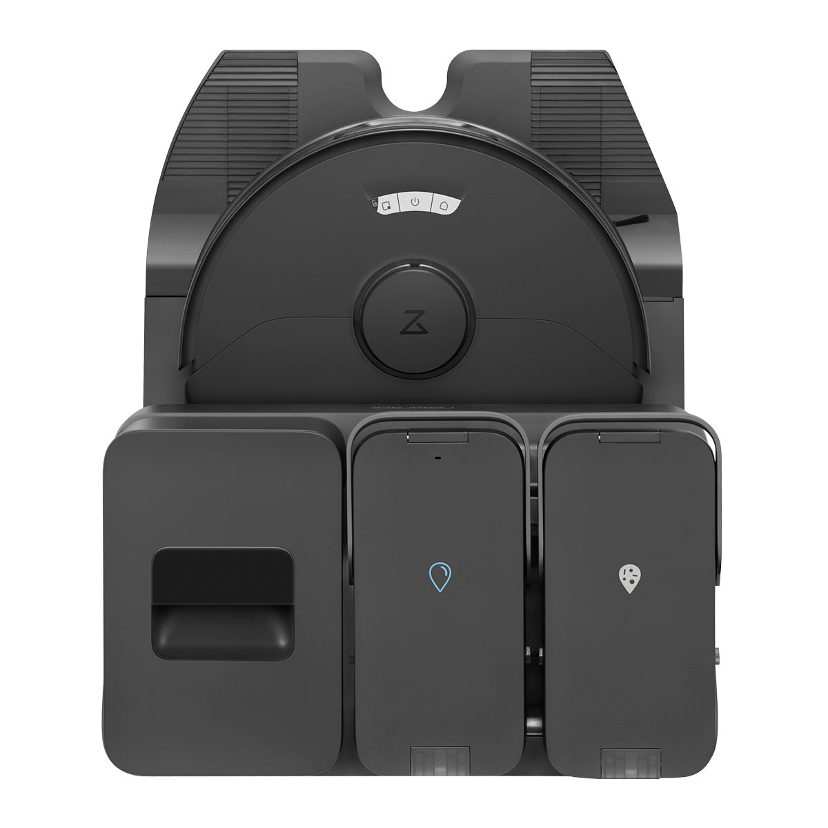 Der Roborock S7 Max Ultra Black Staubsauger ist an seiner Lade- und Reinigungsstation angedockt und zeigt drei Fächer auf der Vorderseite.
