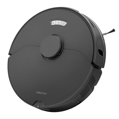 Der Roborock S7 Max Ultra Black Staubsauger, ein kreisförmiges Robotermodell mit Bedientasten an der Oberseite, wird schräg vor einem weißen Hintergrund gezeigt.