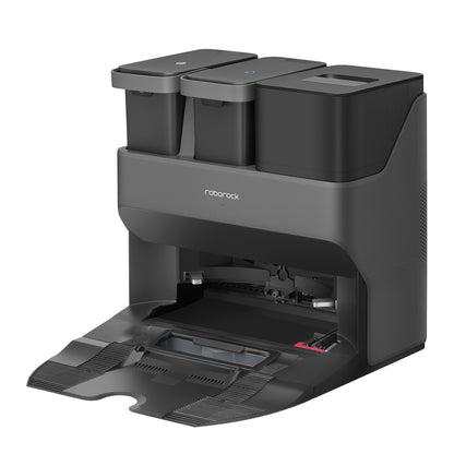 Der Roborock S7 Max Ultra Black Staubsauger verfügt über eine schwarze Dockingstation mit zwei rechteckigen Behältern an der Oberseite und einem offenen Fach an der Vorderseite.