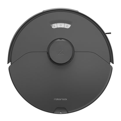 Die Draufsicht auf den Roborock S7 Max Ultra Black Staubsauger hebt seine runde Form und das obere Bedienfeld hervor.