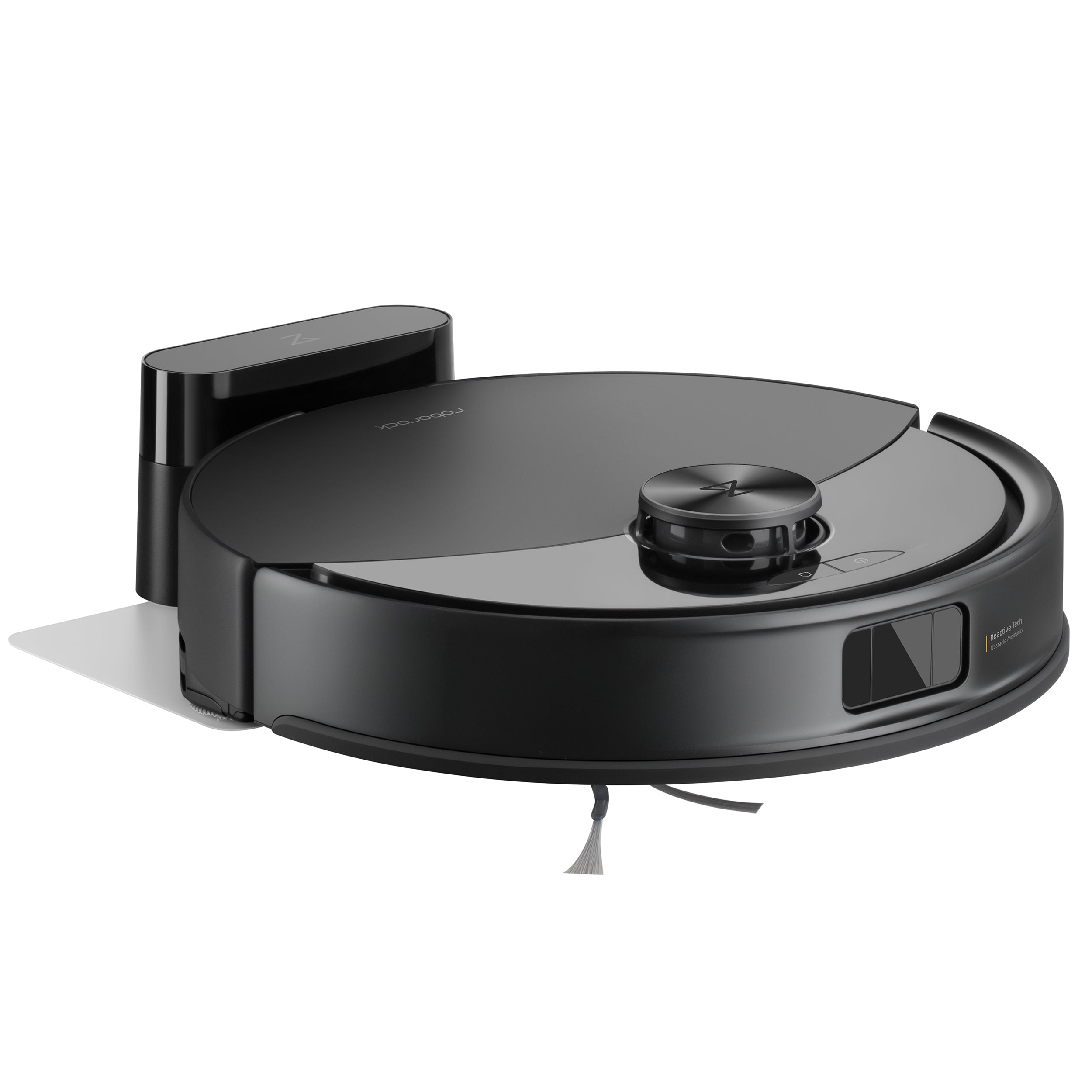 Ein schwarzer Roborock Q10 VF Staubsaugerroboter mit Dual Anti-Tangle System ist an seiner Ladestation angedockt und steht vor einem weißen Hintergrund.