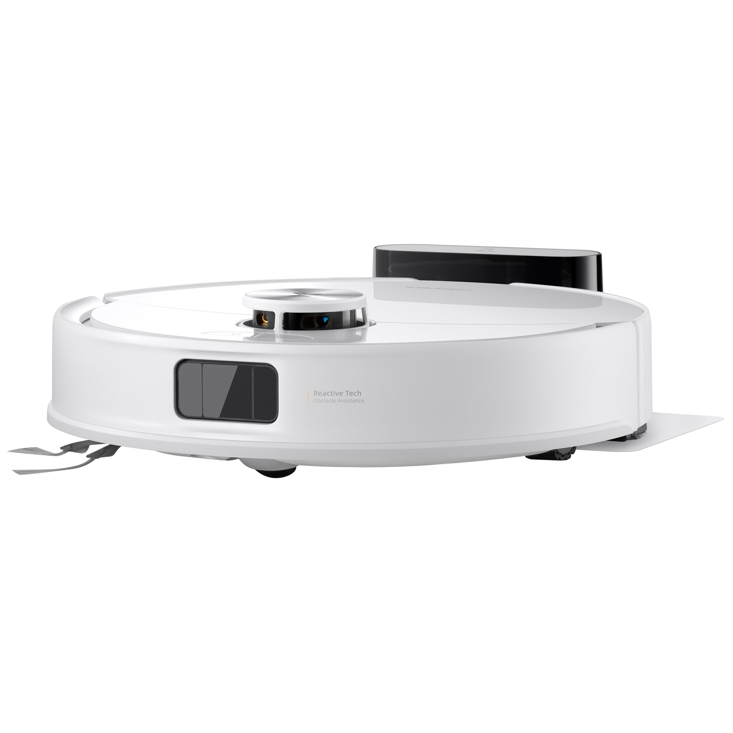 Der Roborock Q10 VF von Roborock, der in Weiß mit einem kreisförmigen Design auf weißem Hintergrund abgebildet ist, verfügt über fortschrittliche Sensoren, eine HyperForce-Saugkraft und umfasst eine kompakte schwarze Ladestation auf der Rückseite.
