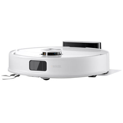 Der Roborock Q10 VF von Roborock, der in Weiß mit einem kreisförmigen Design auf weißem Hintergrund abgebildet ist, verfügt über fortschrittliche Sensoren, eine HyperForce-Saugkraft und umfasst eine kompakte schwarze Ladestation auf der Rückseite.