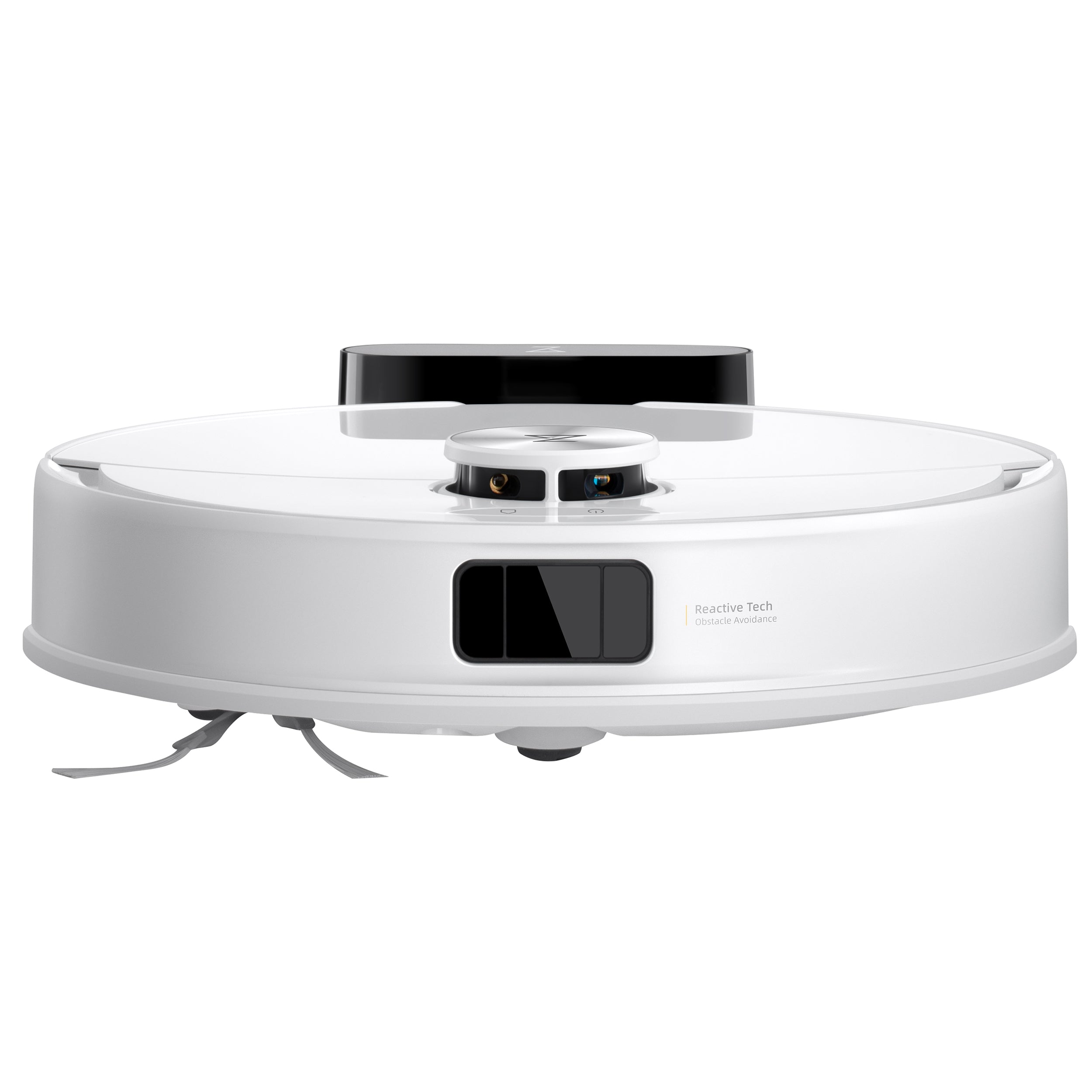 Der Roborock Q10 VF ist ein weißer, kreisförmiger Roborock-Sauger mit Sensoren, einer rotierenden Seitenbürste und Dual Anti-Tangle System, der für die automatische Bodenreinigung entwickelt wurde.