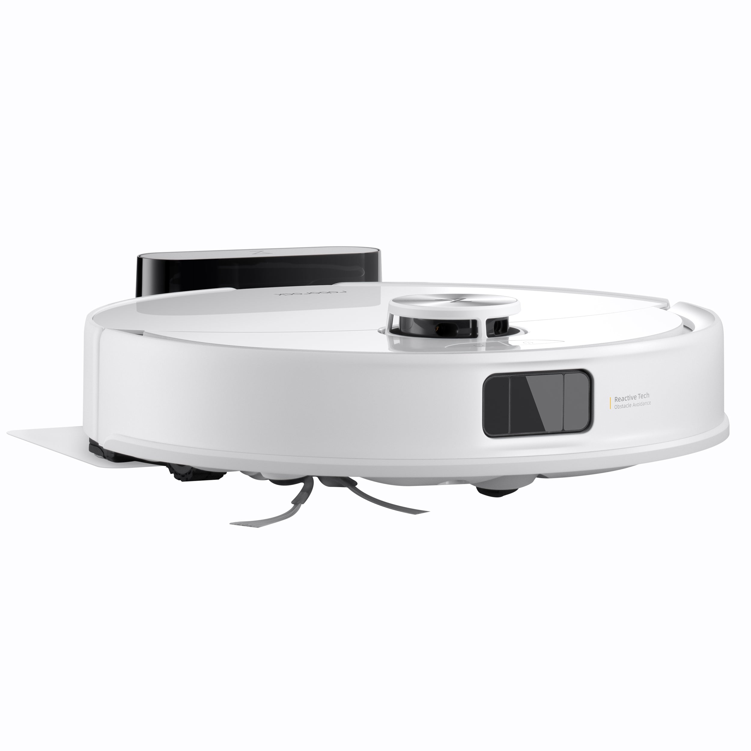 Ein weißer Roborock Q10 VF Staubsaugerroboter mit Dual Anti-Tangle System ist an seiner Ladestation angedockt und steht vor einem schlichten Hintergrund.