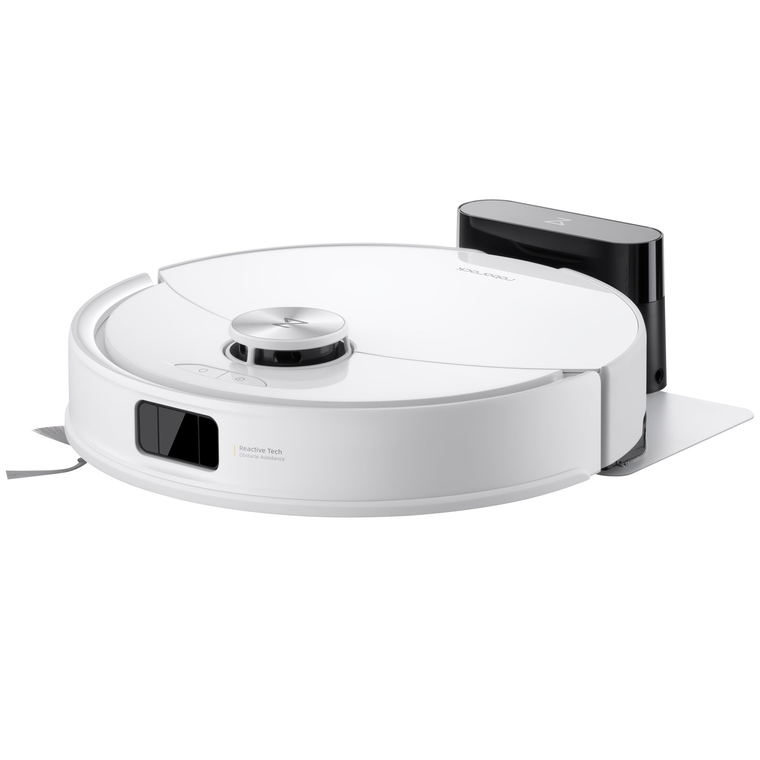 Ein Roborock Q10 VF Staubsaugerroboter in Weiß mit HyperForce-Saugfunktion ist an seiner Ladestation auf einer weißen Fläche angedockt.