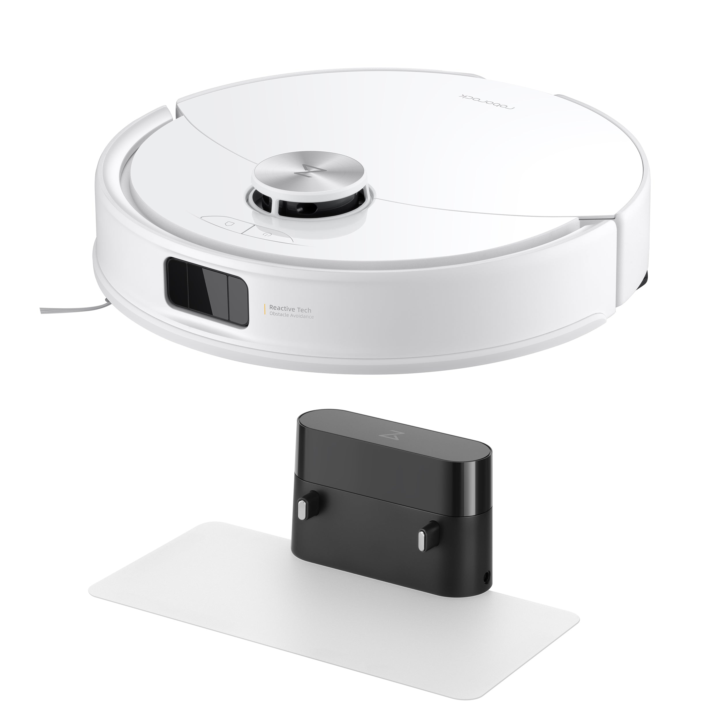 Der Roborock Q10 VF, ein weißer, runder Staubsaugerroboter von Roborock, steht auf einer weißen Matte über einer schwarzen Ladestation. Er bietet eine leistungsstarke Saugkraft von 10.000 Pa für eine hervorragende Reinigungsleistung.