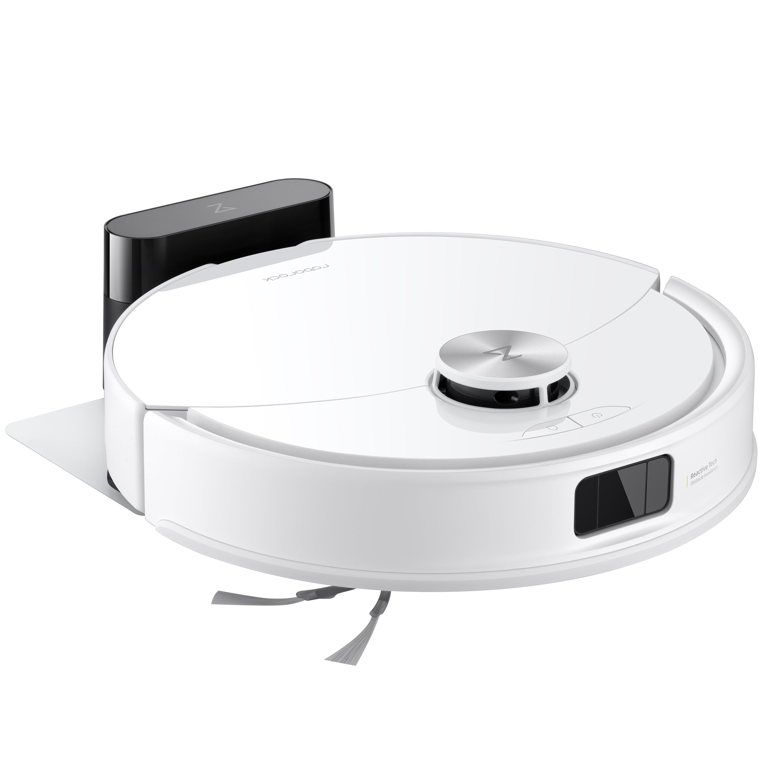 Ein Roborock Q10 VF Staubsaugerroboter in Weiß mit Dual Anti-Tangle System ist an seiner Ladestation auf einer ebenen Fläche angedockt.