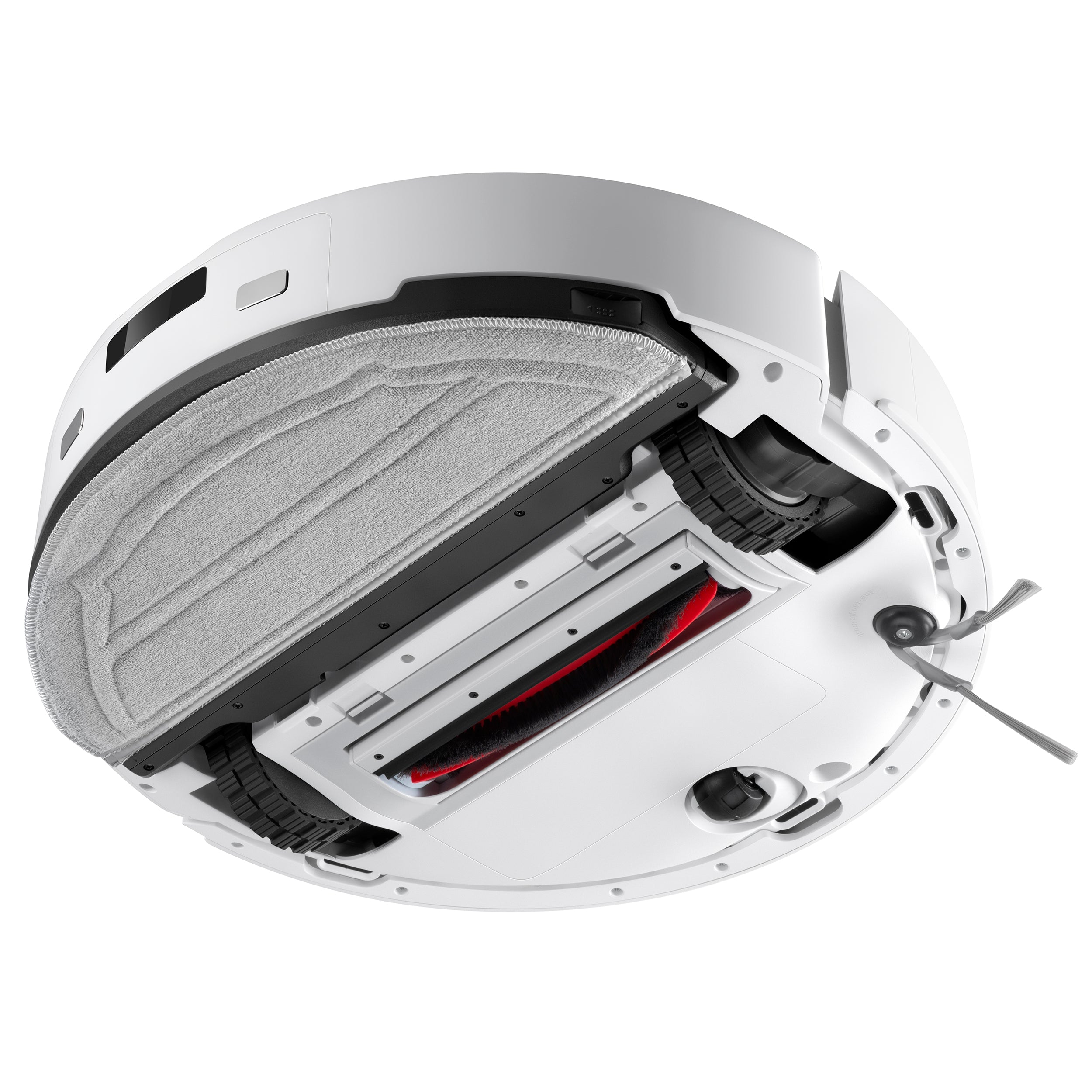 Nahaufnahme der Unterseite des Roborock Q10 VF von Roborock mit seiner Bürste, den Rädern, den Sensoren, dem Reinigungskissen und dem fortschrittlichen Dual Anti-Tangle System.