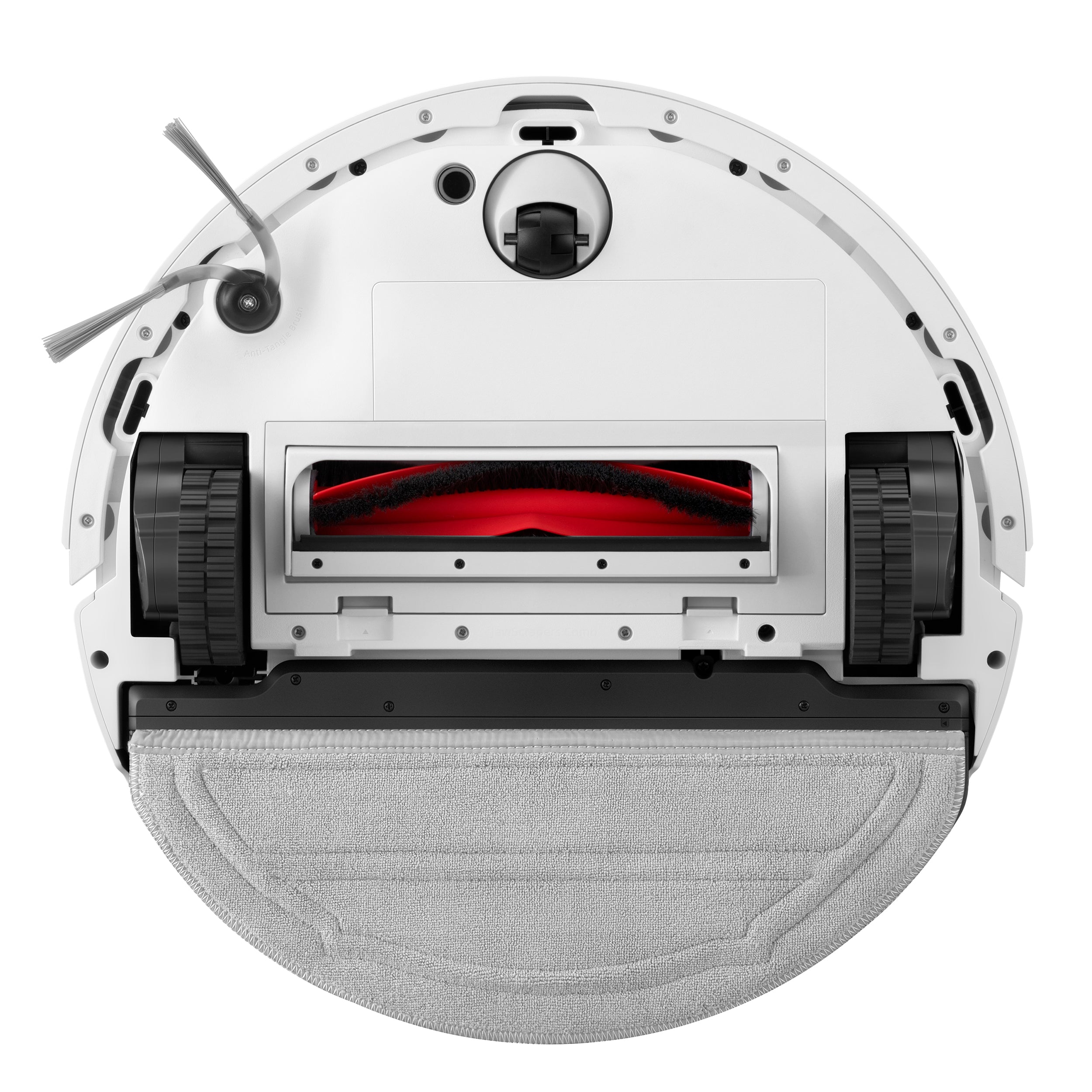 Unteransicht des Roborock Q10 VF Staubsaugerroboters von Roborock mit Rädern, Bürste, Dual Anti-Tangle System Seitenkehrer und angebrachtem Reinigungspad.