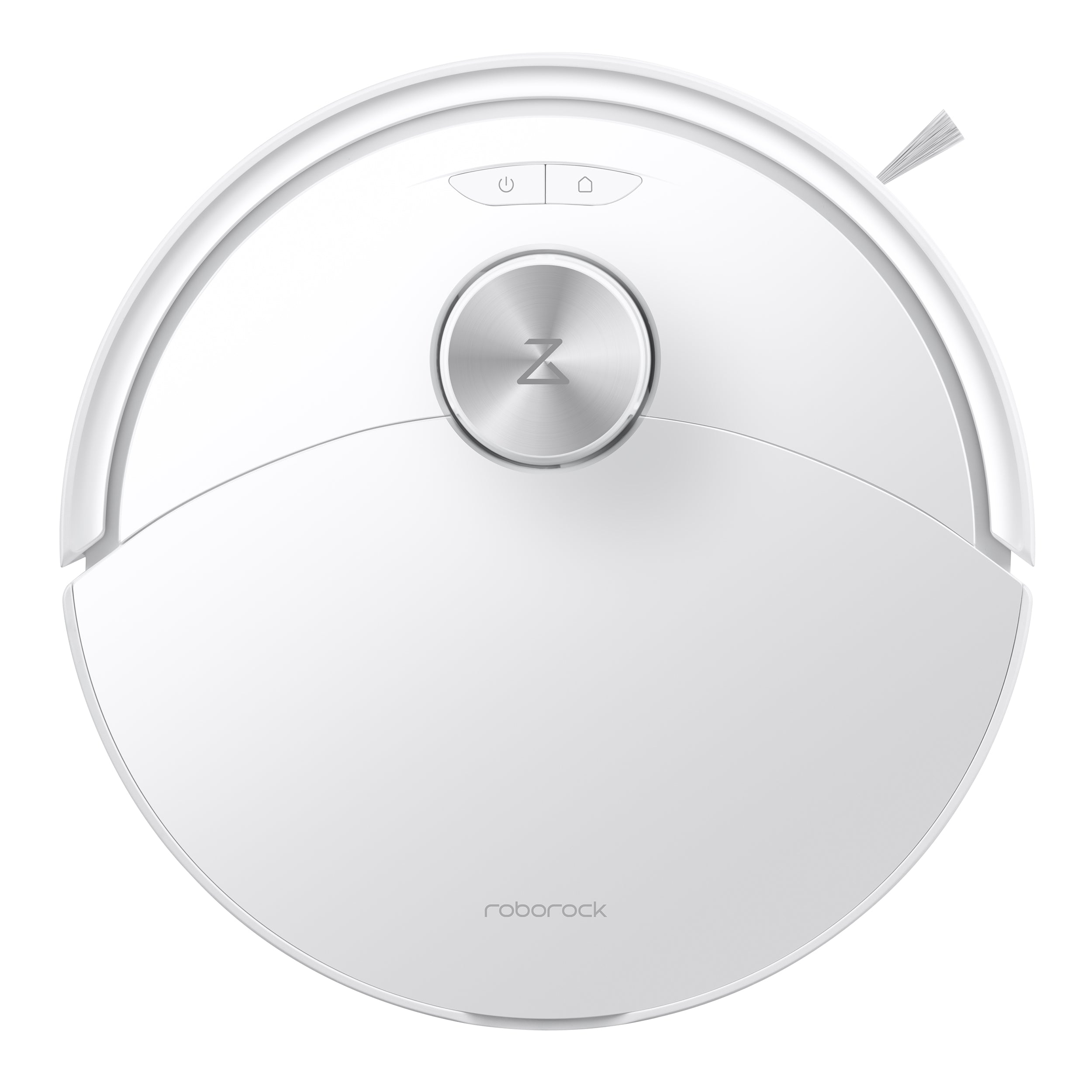 Draufsicht auf den Roborock Q10 VF Staubsaugerroboter von Roborock, mit einem zentralen, erhöhten Sensor, minimalistischen Tasten und einem fortschrittlichen Dual Anti-Tangle System.