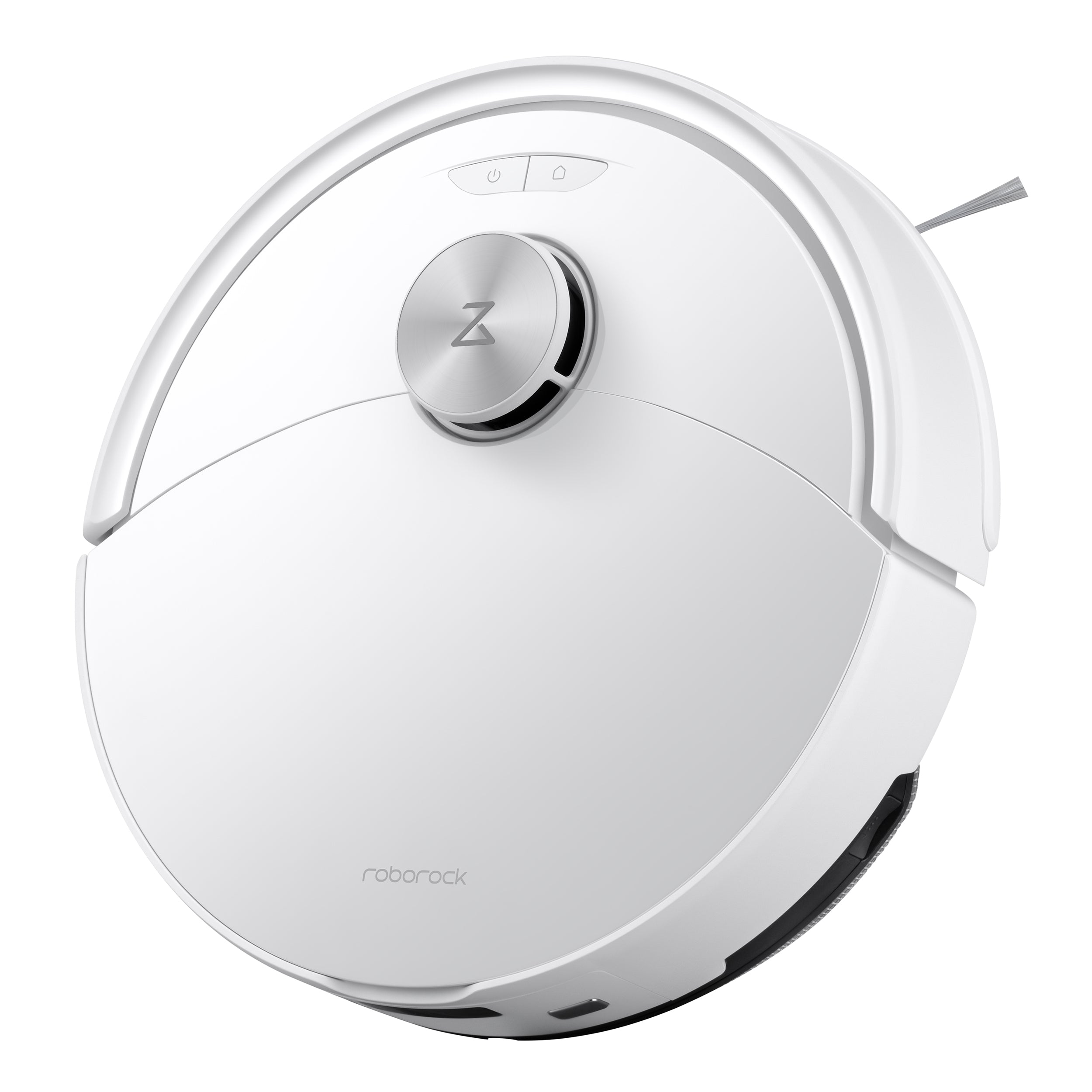 Der weiße, runde Roborock Q10 VF Staubsaugerroboter von Roborock verfügt über ein sichtbares Logo auf der Vorderseite, einen Sensor auf der Oberseite und das Dual Anti-Tangle System für ununterbrochene Reinigung.