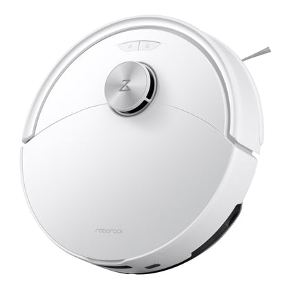 Der weiße, runde Roborock Q10 VF Staubsaugerroboter von Roborock verfügt über ein sichtbares Logo auf der Vorderseite, einen Sensor auf der Oberseite und das Dual Anti-Tangle System für ununterbrochene Reinigung.