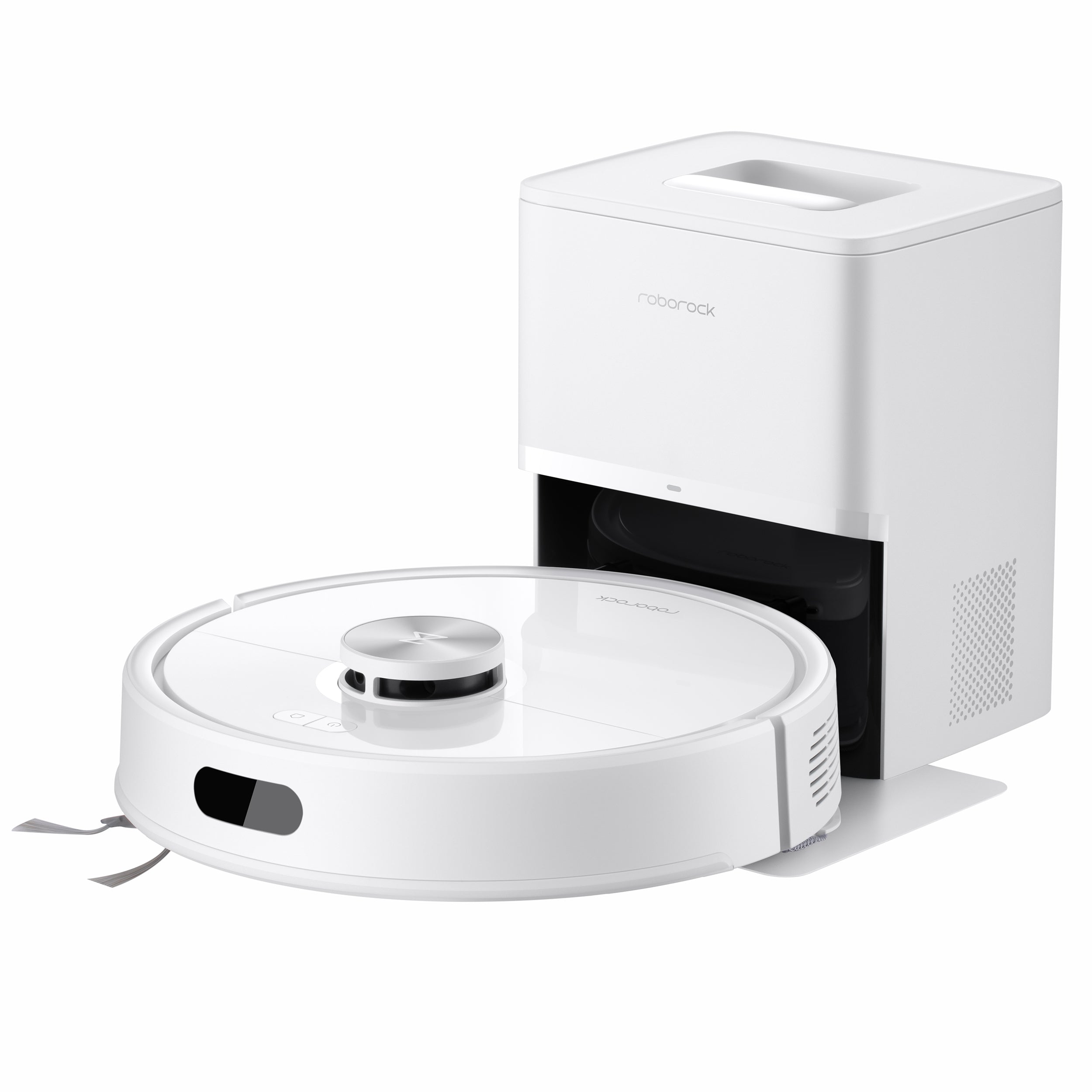 Der Roborock Q7 TF+ Weiß Saugroboter von Roborock, mit 10.000 Pa Saugkraft, und seine minimalistische Ladestation werden auf einem schlichten weißen Hintergrund dargestellt.