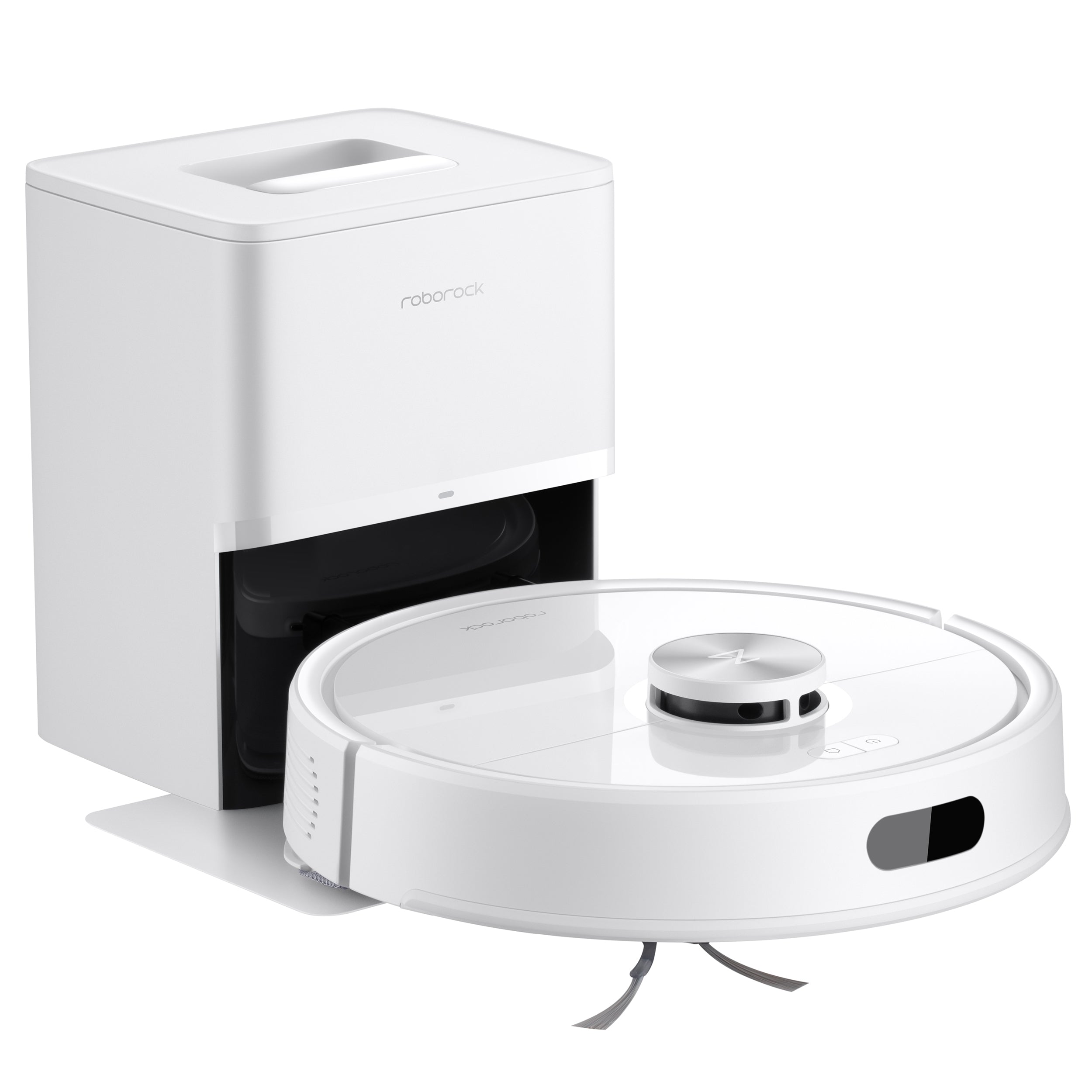 Der Roborock Q7 TF+ Weiß Saugroboter von Roborock im runden weißen Design und mit 10.000 Pa Saugkraft steht vor der passenden weißen Lade- und Dockingstation.