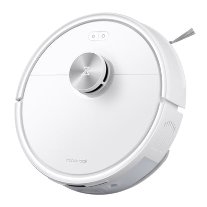 Der Roborock Q7 TF+ Weiß Saugroboter ist ein weißer, kreisförmiger Staubsaugerroboter mit einem erhöhten Sensormodul und einer leistungsstarken HyperForce-Saugkraft für eine hervorragende Reinigungsleistung.