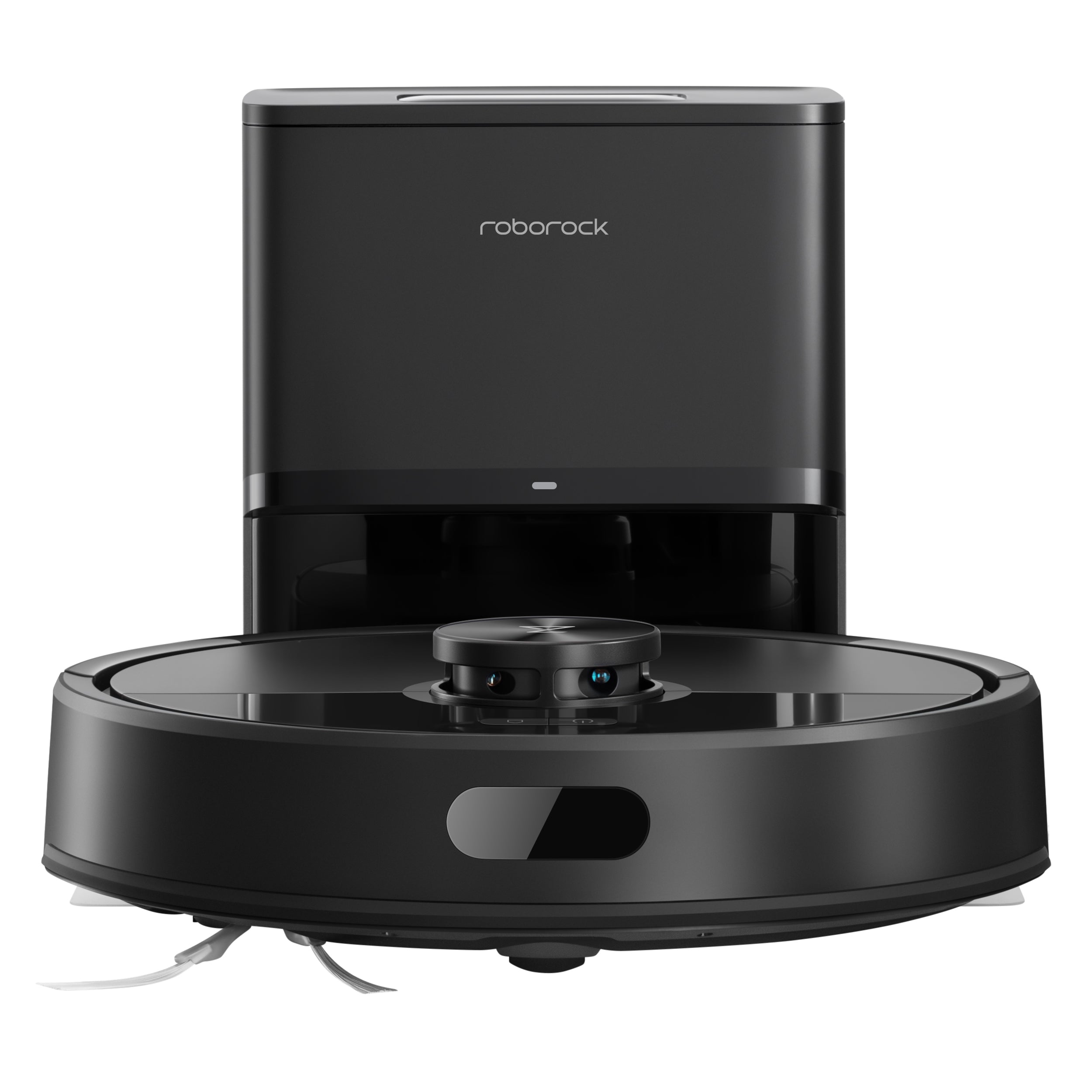 Der Roborock Q7 TF+ Schwarz Saugroboter mit Dual Anti-Tangle System und 10.000 Pa Saugkraft wird vor seiner Lade- und Dockingstation platziert.
