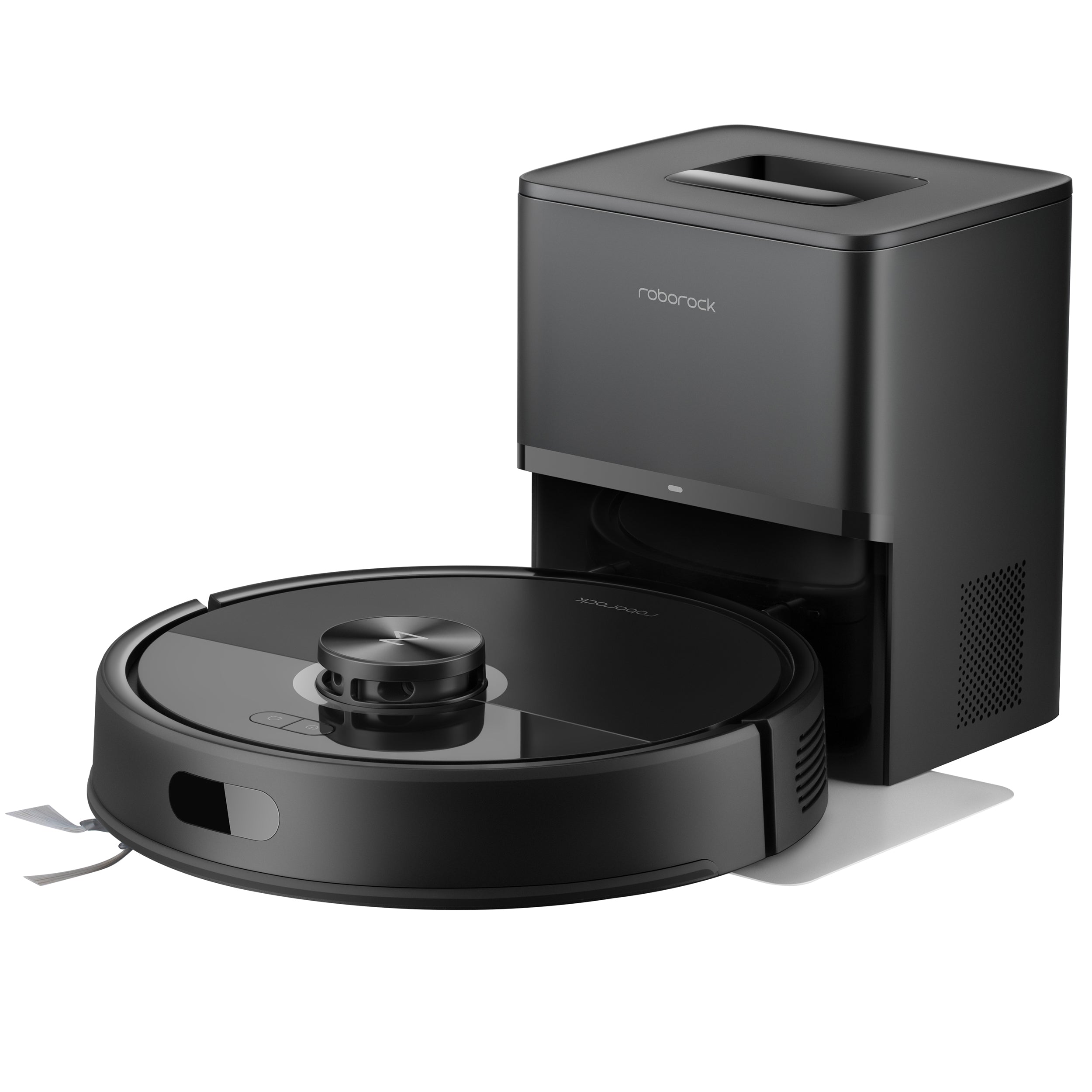 Der Roborock Q7 TF+ Schwarz Saugroboter von Roborock mit 10.000 Pa Saugleistung wird in Schwarz vor der passenden rechteckigen Lade- und Dockingstation auf weißem Hintergrund gezeigt.