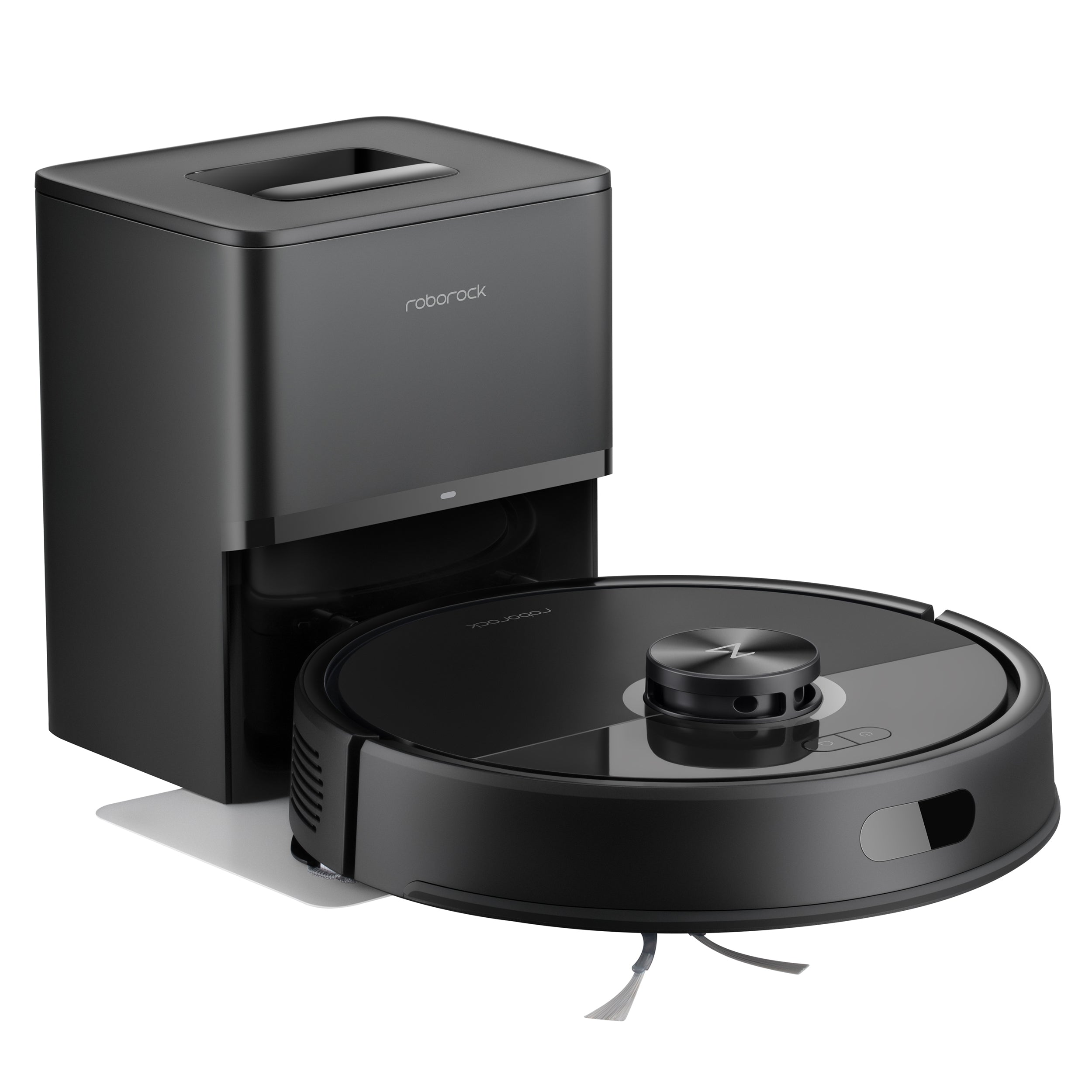 Der Roborock Q7 TF+ Schwarz Saugroboter von Roborock, der 10.000 Pa Saugkraft liefert, wird in Schwarz zusammen mit der passenden Lade- und Selbstentleerungsstation gezeigt.
