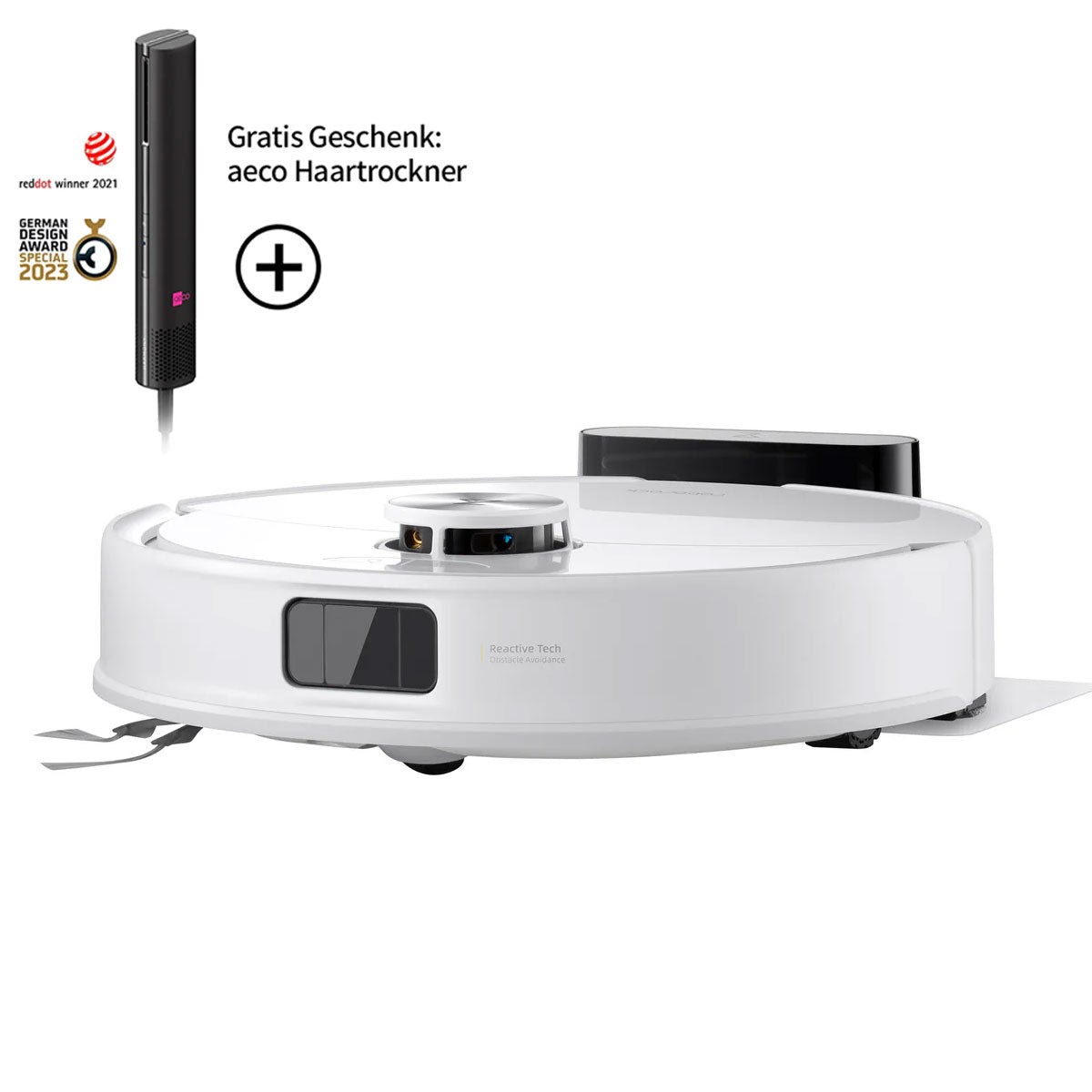 Der weiße Roborock Q10 VF Staubsauger mit Ladestation verfügt über eine leistungsstarke HyperForce-Saugkraft, wird mit einem kostenlosen aeco-Haartrockner-Geschenkangebot geliefert und zeigt in der Ecke ein Preislogo.