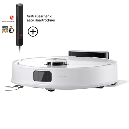 Der weiße Roborock Q10 VF Staubsauger mit Ladestation verfügt über eine leistungsstarke HyperForce-Saugkraft, wird mit einem kostenlosen aeco-Haartrockner-Geschenkangebot geliefert und zeigt in der Ecke ein Preislogo.