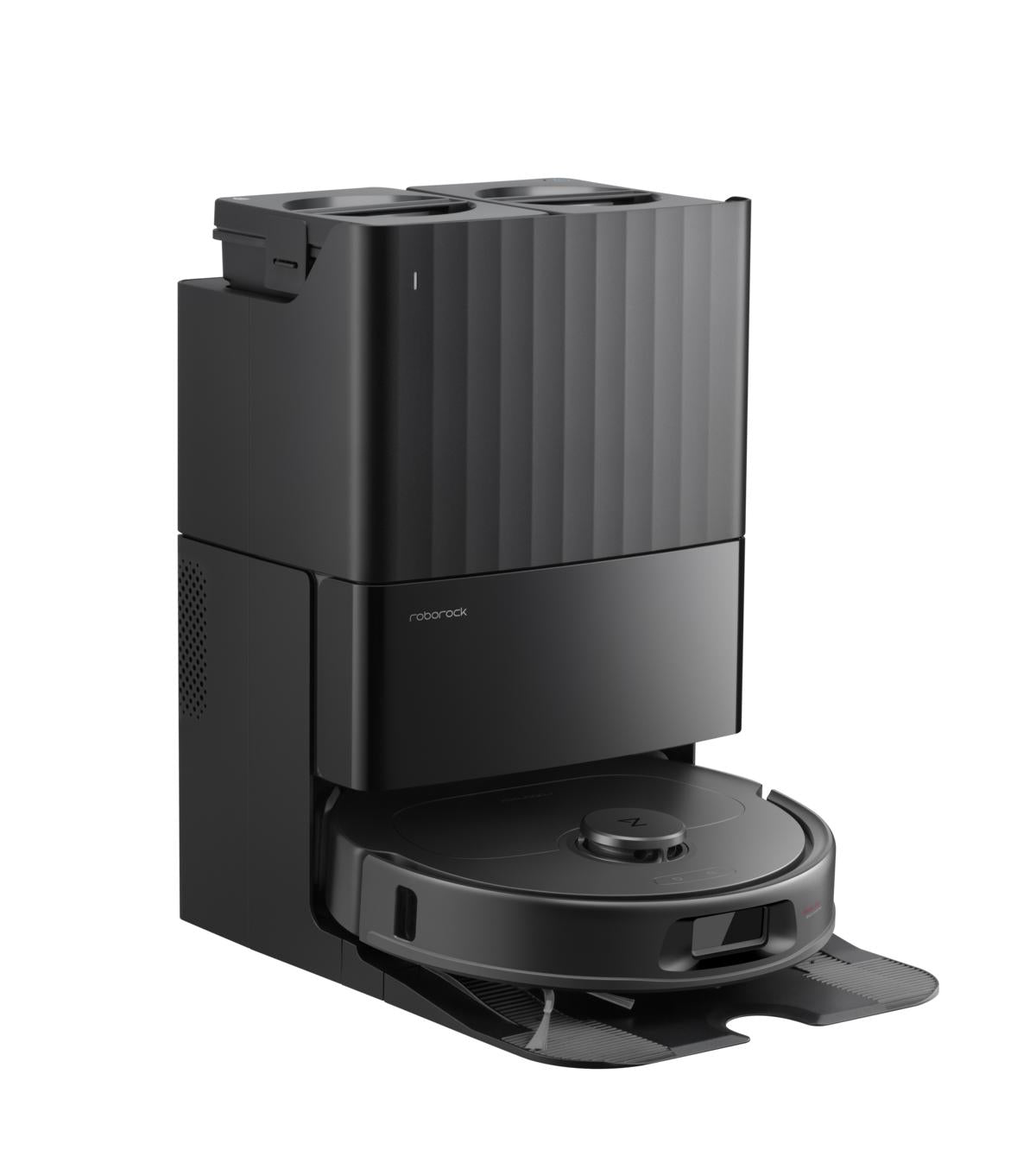 Der Roborock Qrevo 598 Black Staubsaugerroboter ist in seiner multifunktionalen Station angedockt und verfügt über eine HyperForce-Saugleistung und ein schlankes, modernes Design.