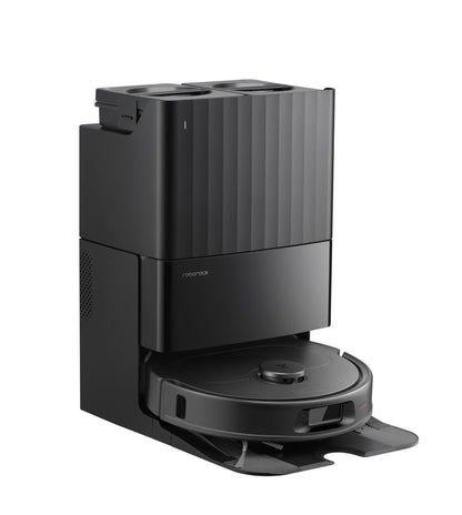 Der Roborock Qrevo 598 Black Staubsaugerroboter ist in seiner multifunktionalen Station angedockt und verfügt über eine HyperForce-Saugleistung und ein schlankes, modernes Design.