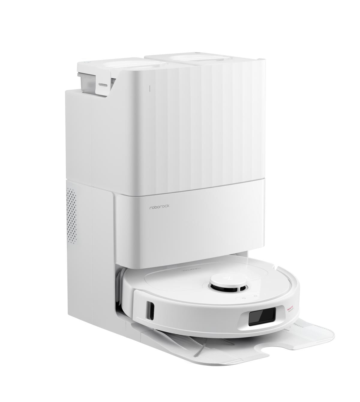 Der Roborock Qrevo 598 White Staubsaugerroboter wird mit seiner Multifunktions-Dockingstation gezeigt, teilweise ausgefahren und einsatzbereit.