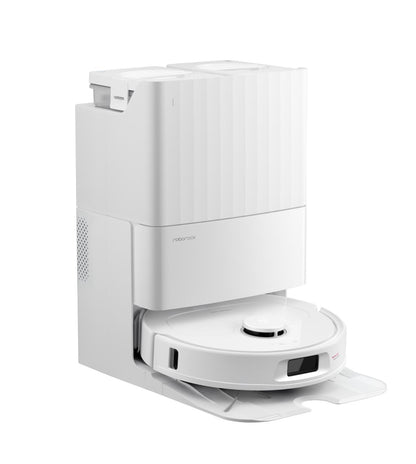 Der Roborock Qrevo 598 White Staubsaugerroboter wird mit seiner Multifunktions-Dockingstation gezeigt, teilweise ausgefahren und einsatzbereit.
