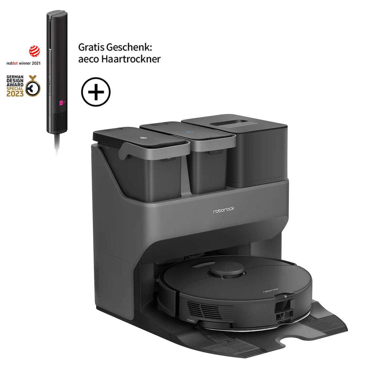 Abgebildet ist ein Roborock S7 Max Ultra Black Staubsauger mit einer selbstreinigenden Station. Ein aeco-Haartrockner, der als kostenloses Geschenk gekennzeichnet ist, erscheint in der oberen linken Ecke.