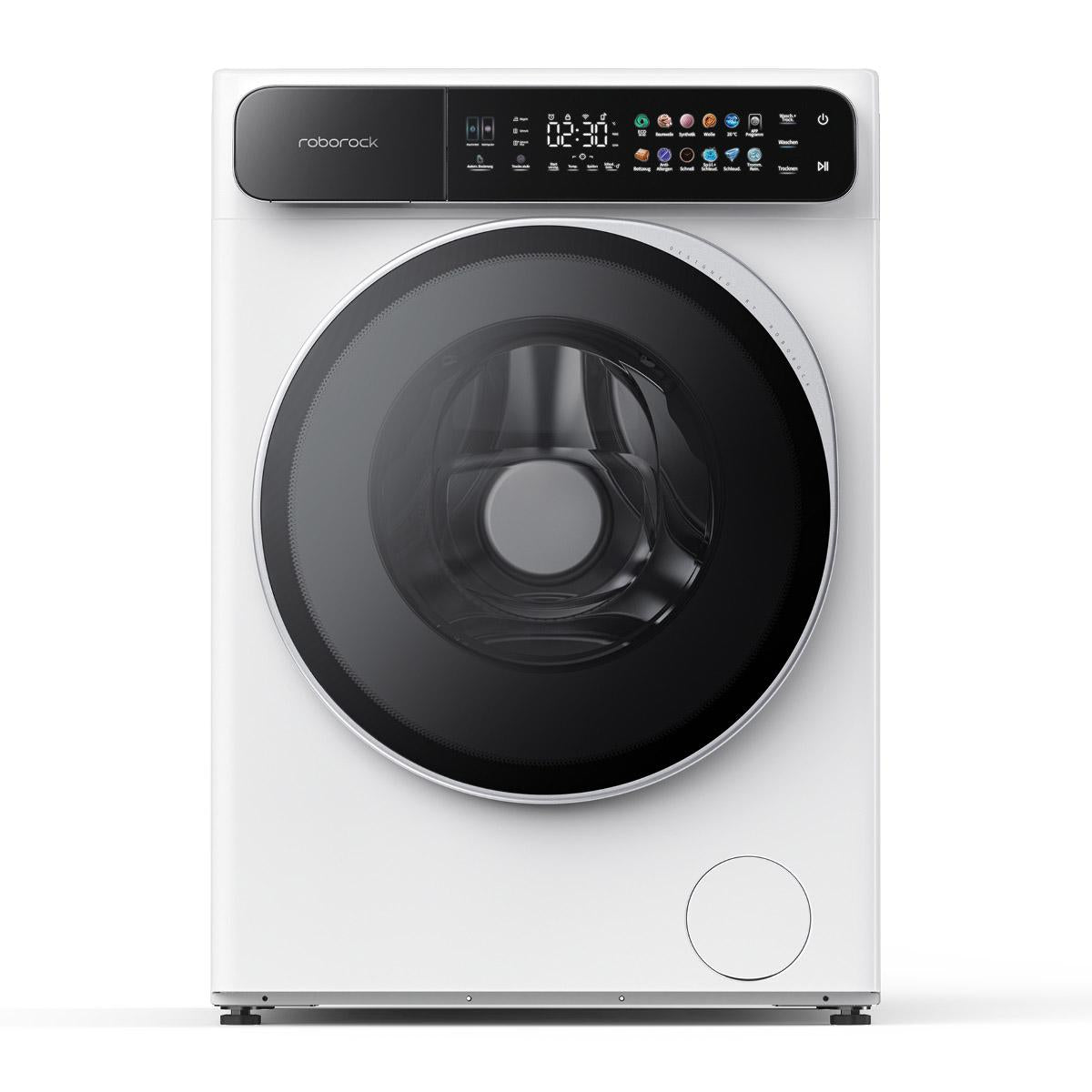 Vorderansicht des Roborock ZEO One - weiß /2in1 Wash & Dryer, mit digitalem Display, großer runder Tür und fortschrittlicher Zeo-Cycle-Trocknungstechnologie.