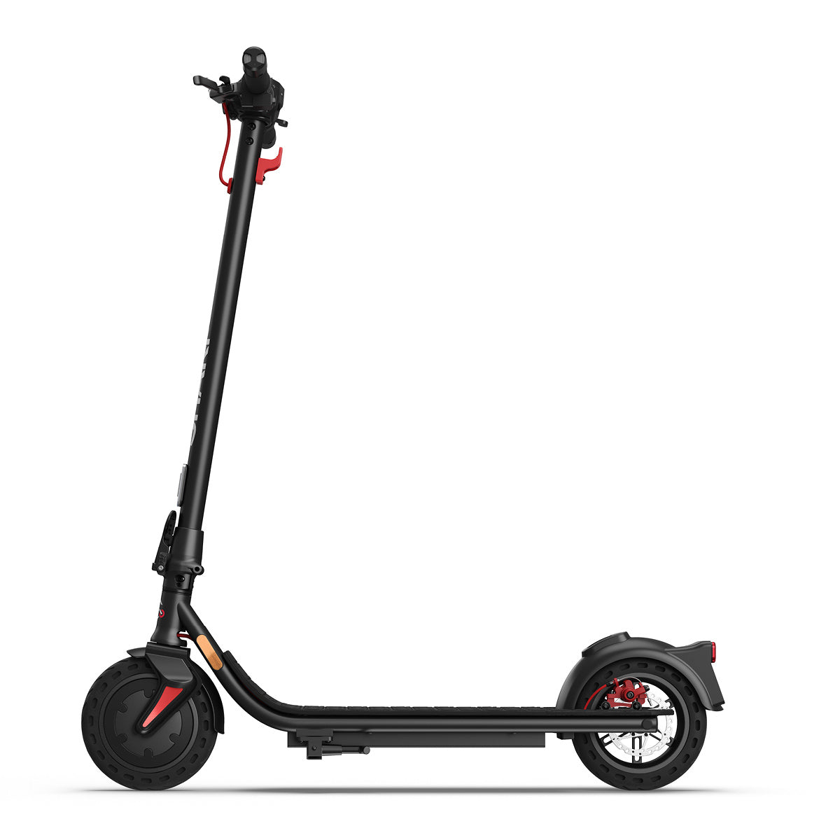 Sharp Core S3 E-Scooter in schwarz, abgebildet im Seitenprofil auf weißem Hintergrund, verfügt über Vollgummireifen, Bremshebel am Lenker, hinteres Schutzblech und Zweifach-Bremssystem für erhöhte Sicherheit.