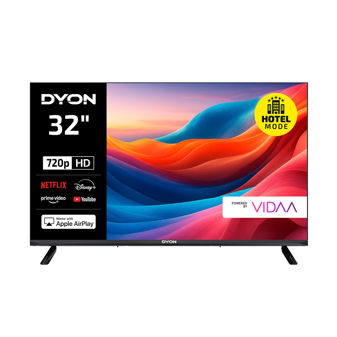 Der Dyon Smart 32 VX Smart TV (32 Zoll, 80 cm) liefert leuchtende Farben in 720p HD, verfügt über einen Hotelmodus und unterstützt Apps wie Netflix, Disney+, Prime Video und Apple AirPlay.