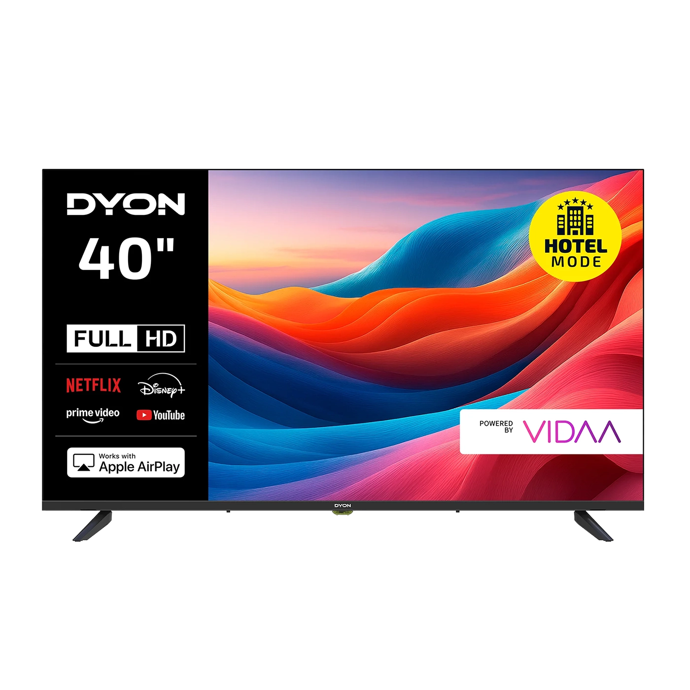 Der 40-Zoll (100 cm) große Dyon Smart 40 VX-2 Smart TV zeigt einen lebendigen Bildschirm mit Symbolen für Streaming-Dienste, HOTEL MODE und "Powered by VIDAA".