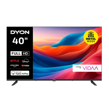 Der 40-Zoll (100 cm) große Dyon Smart 40 VX-2 Smart TV zeigt einen lebendigen Bildschirm mit Symbolen für Streaming-Dienste, HOTEL MODE und "Powered by VIDAA".