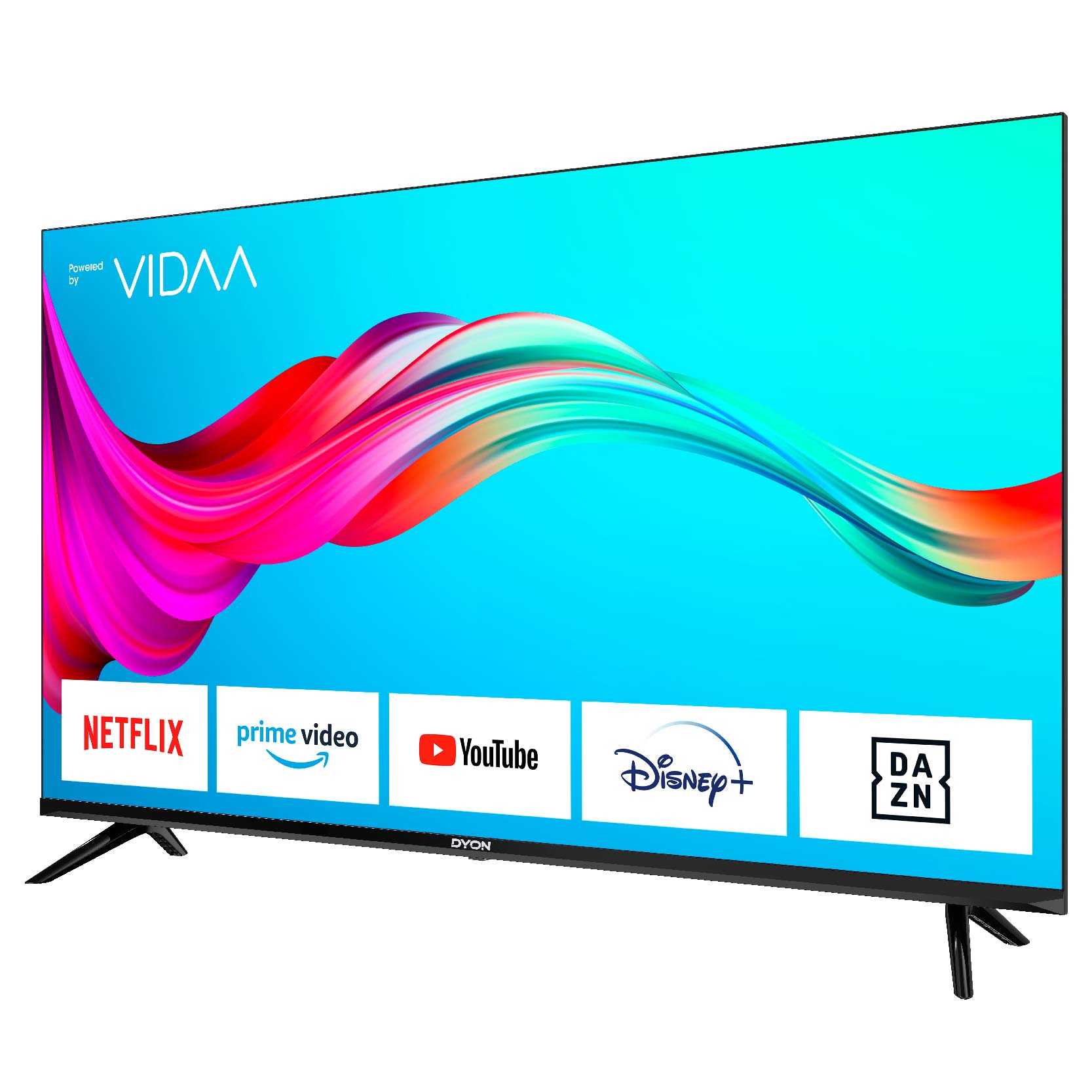 Der Dyon Smart 43 VX FHD mit VIDAA OS zeigt beliebte Smart TV-Apps wie Netflix, Prime Video, YouTube, Disney+ und DAZN auf einem leuchtend blauen Hintergrund an.