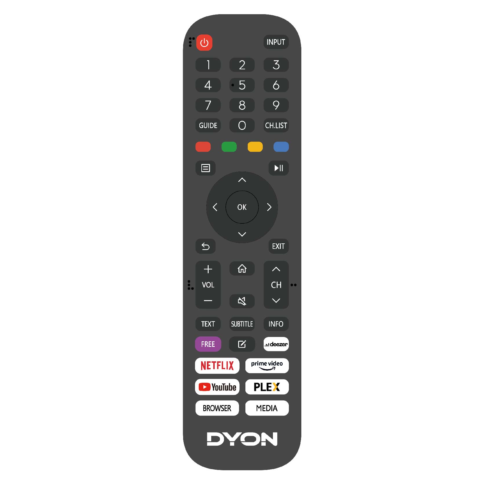 Schwarze Dyon-Fernbedienung für den Smart 43 VX FHD, mit Ziffernblock, Navigation, Lautstärke- und Kanalsteuerung, farbigen Tasten und direktem Zugang zu Netflix, YouTube und Plex auf dem VIDAA Betriebssystem.