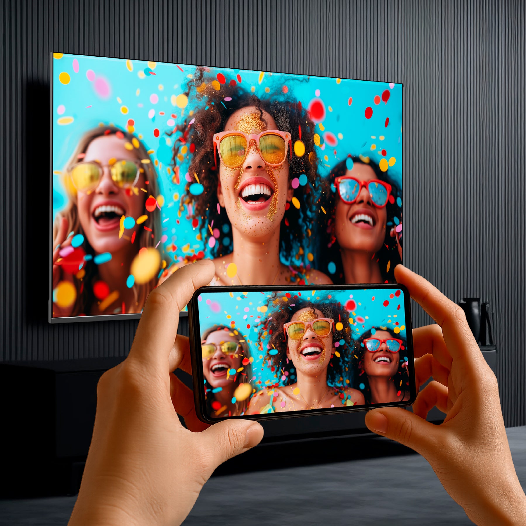Eine Person verwendet ein Smartphone, um ein Bild von drei lächelnden Frauen mit Konfetti aufzunehmen, das auf dem Dyon Smart 43 VX Smart LED-Fernseher gezeigt wird, der denselben Inhalt wie das Telefon anzeigt.