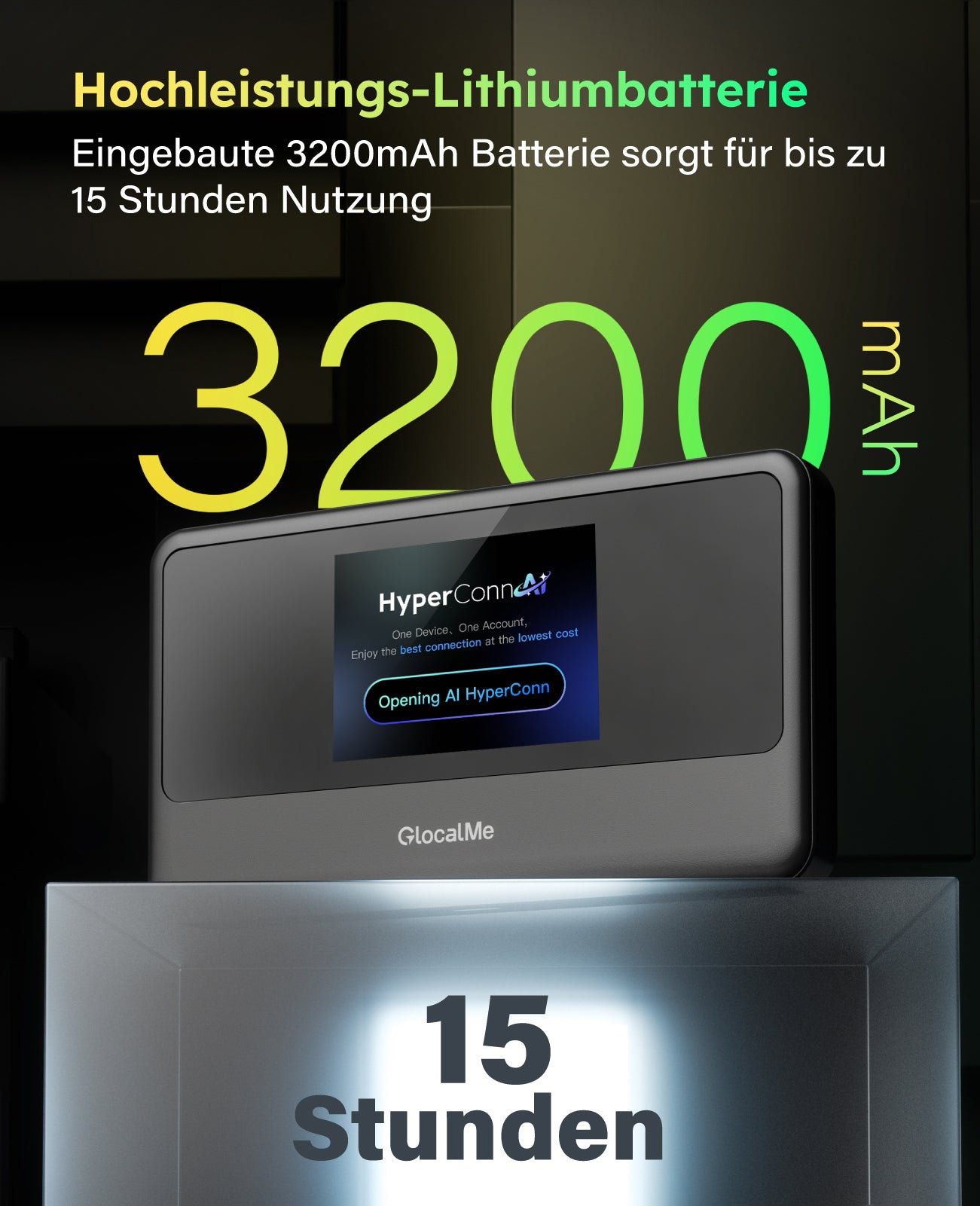 Das GlocalMe Meowgo G40Pro Modell U40 GLMU24A01 ist mit einem Display und einem eingebauten 3200mAh Lithium-Akku ausgestattet, der bis zu 15 Stunden Betriebszeit bietet.
