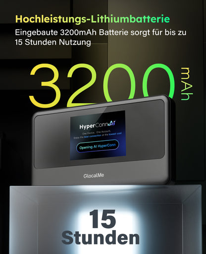 Das GlocalMe Meowgo G40Pro Modell U40 GLMU24A01 ist mit einem Display und einem eingebauten 3200mAh Lithium-Akku ausgestattet, der bis zu 15 Stunden Betriebszeit bietet.
