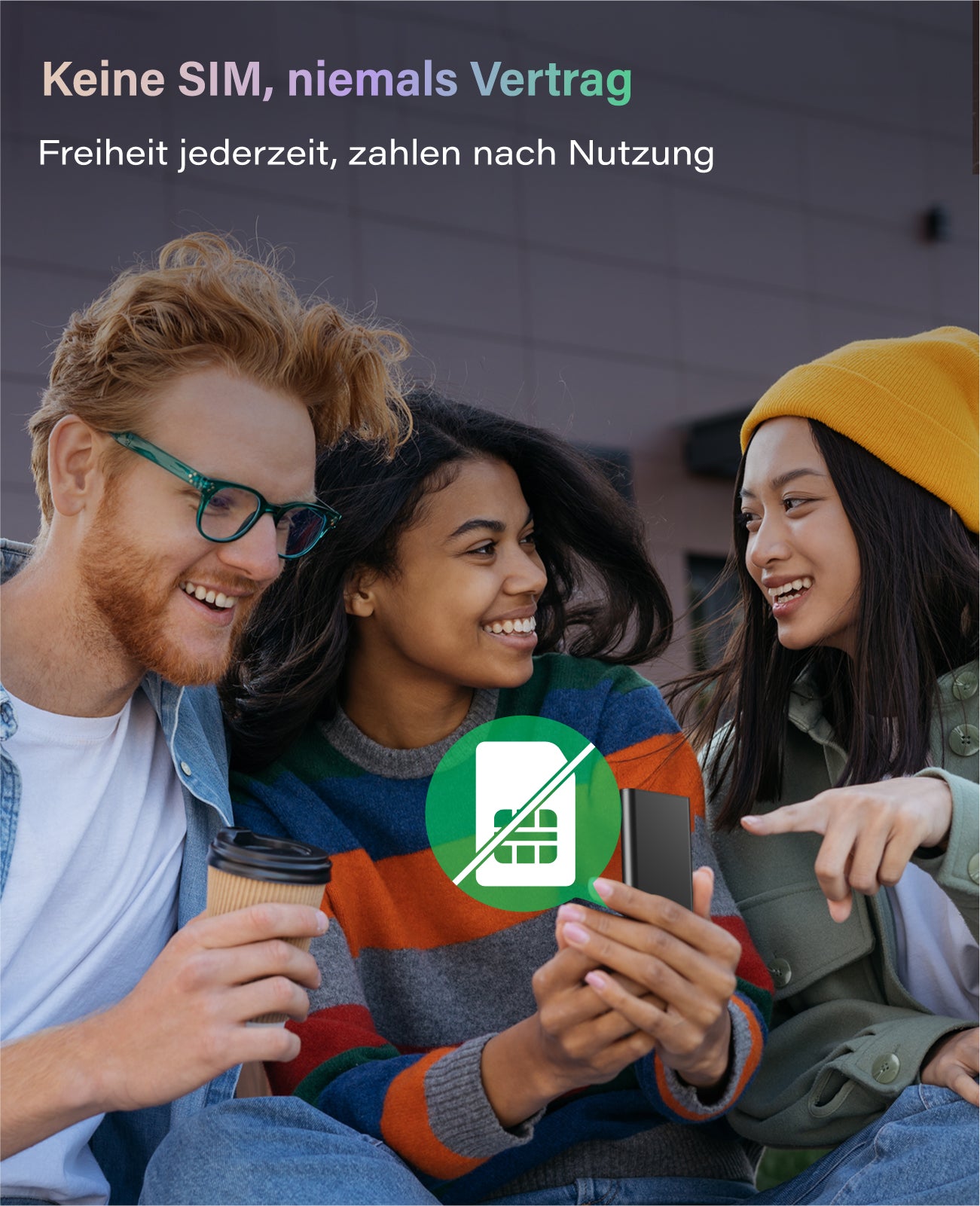 Drei junge Erwachsene sitzen im Freien und lächeln auf ein Smartphone. Der deutsche Text oben wirbt für das Numen Air Modell U50 GLMU21A01 von GlocalMe - ein freigeschaltetes, SIM-freies Mobilgerät, für das kein Vertrag erforderlich ist.