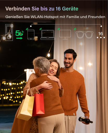 Drei Menschen umarmen sich in einem Haus in der Nähe von Lichterketten. Oben wirbt ein deutscher Text für das GlocalMe Numen Air Modell U50 GLMU21A01 von GlocalMe und zeigt, dass es bis zu 16 Geräte - Telefone, Tablets, Laptops und Smart Glasses - mit einem Wi-Fi-Hotspot verbinden kann.