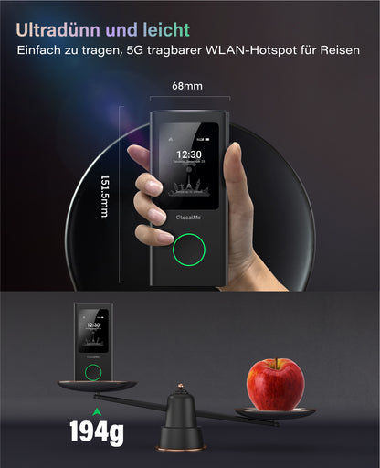Eine Hand hält den schlanken GlocalMe Numen Air Modell U50 GLMU21A01 tragbaren WiFi-Hotspot von GlocalMe neben einer Messwaage; unten wiegen das Gerät und ein Apfel beide 194 g auf einer Waage.