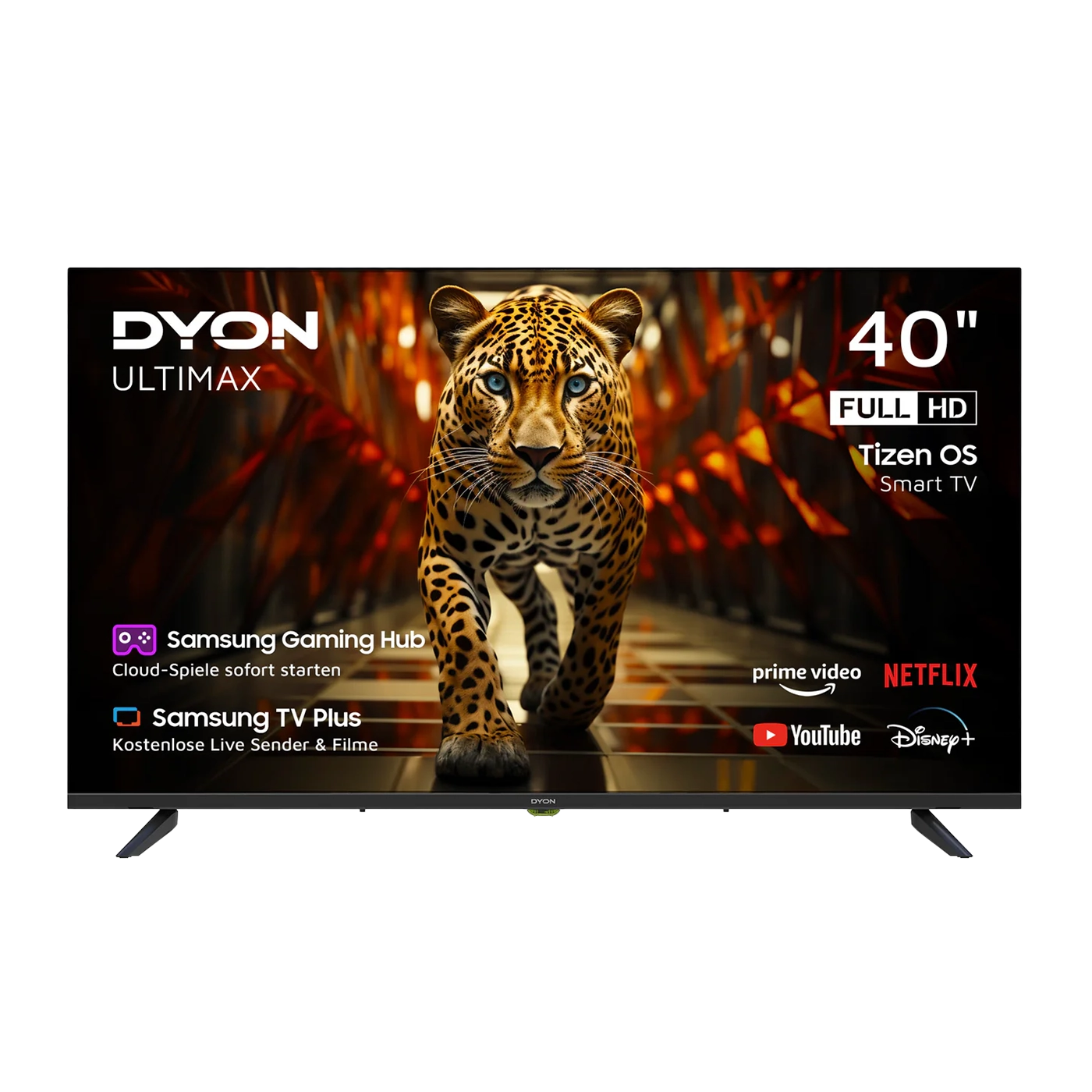 Ein Dyon Ultimax 40F-TI Smart TV (40 Zoll, 100 cm) zeigt eine Nahaufnahme eines Leoparden, während auf dem Full HD-Bildschirm Logos von Streaming-Diensten und TV-Funktionen angezeigt werden.