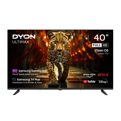 Ein Dyon Ultimax 40F-TI Smart TV (40 Zoll, 100 cm) zeigt eine Nahaufnahme eines Leoparden, während auf dem Full HD-Bildschirm Logos von Streaming-Diensten und TV-Funktionen angezeigt werden.