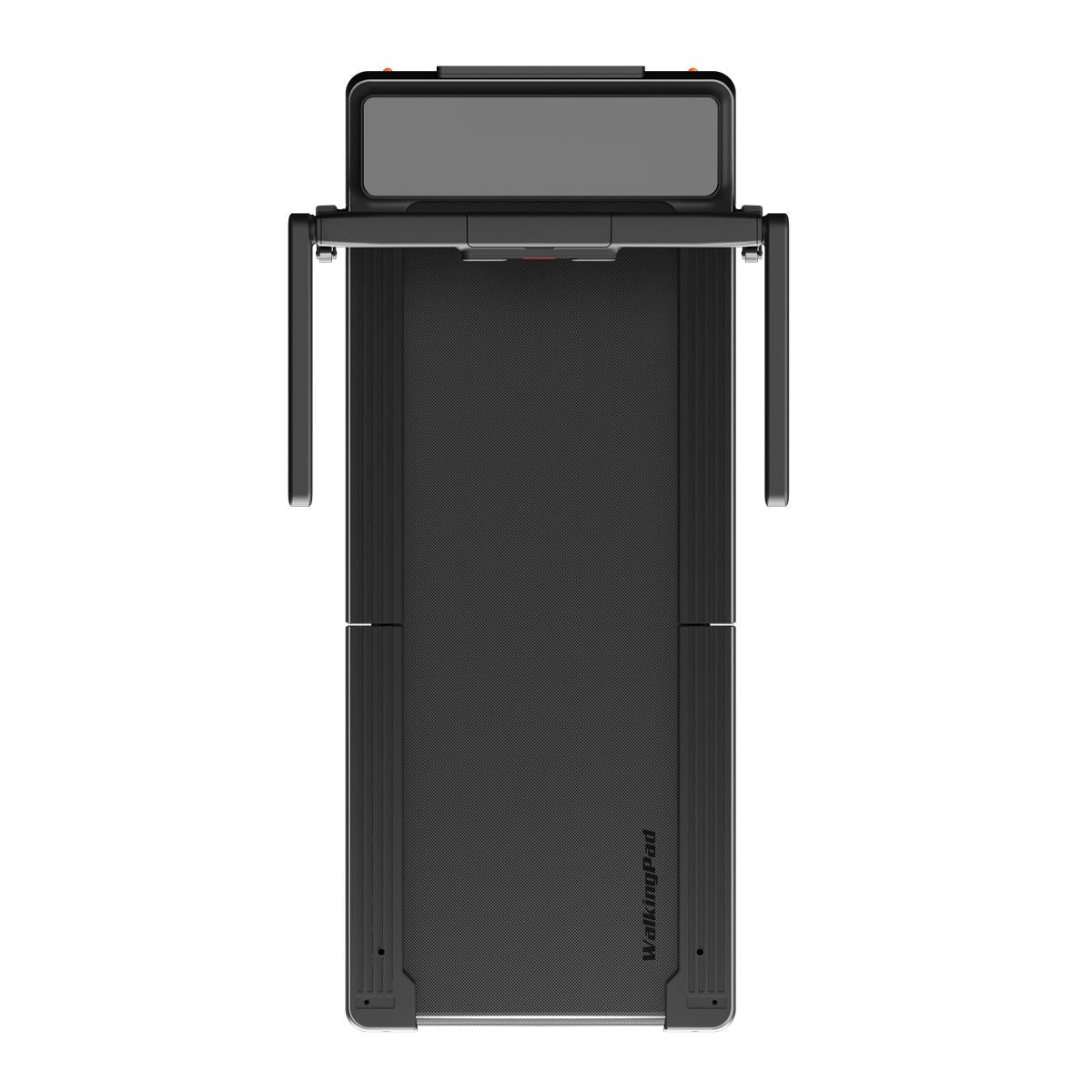 Draufsicht auf das platzsparende Kingsmith WalkingPad Z3 Hybrid+ – ein klappbares Laufband für den Schreibtisch mit verlängerten Armlehnen, einem kleinen Digitaldisplay und dem auf der Lauffläche sichtbaren Markennamen „Kingsmith“.