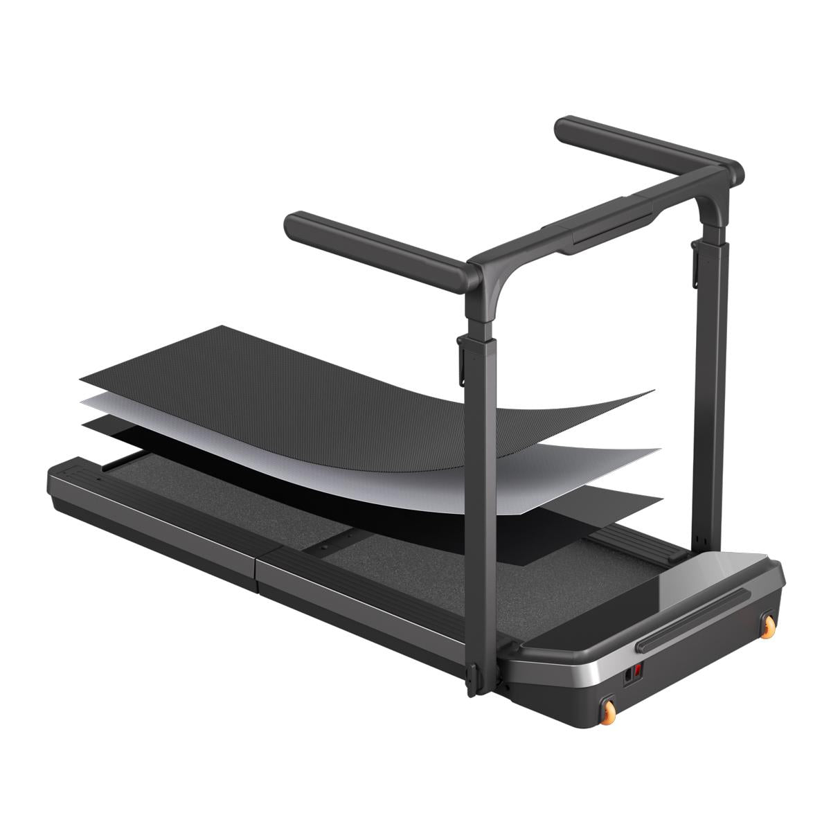 Kingsmith WalkingPad Z3 Hybrid+ – klappbares Laufband für den Schreibtisch in Schwarz, abgebildet mit auseinandergezogenen Lagen des Laufbands, um die fortschrittliche Fitness-Technologie und die Konstruktionsdetails zu veranschaulichen.