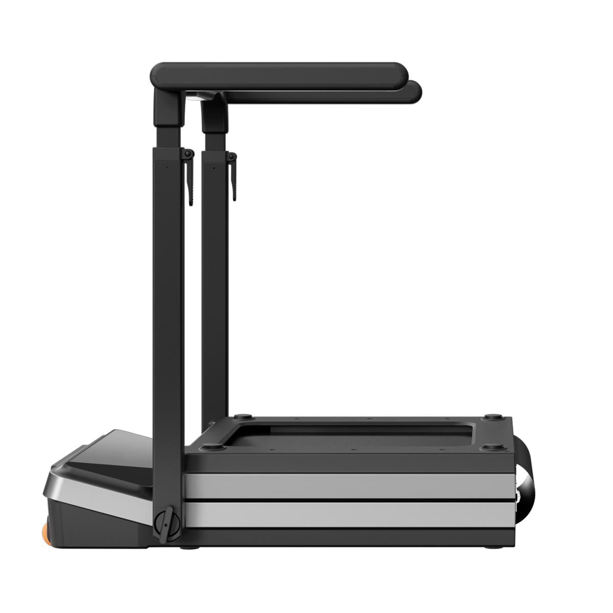 Seitenansicht des Kingsmith WalkingPad Z3 Hybrid+ – klappbares Laufband für den Schreibtisch in Schwarz und Grau mit verlängerten Handläufen, abgebildet in einer teilweise aufgerichteten Aufbewahrungsposition.